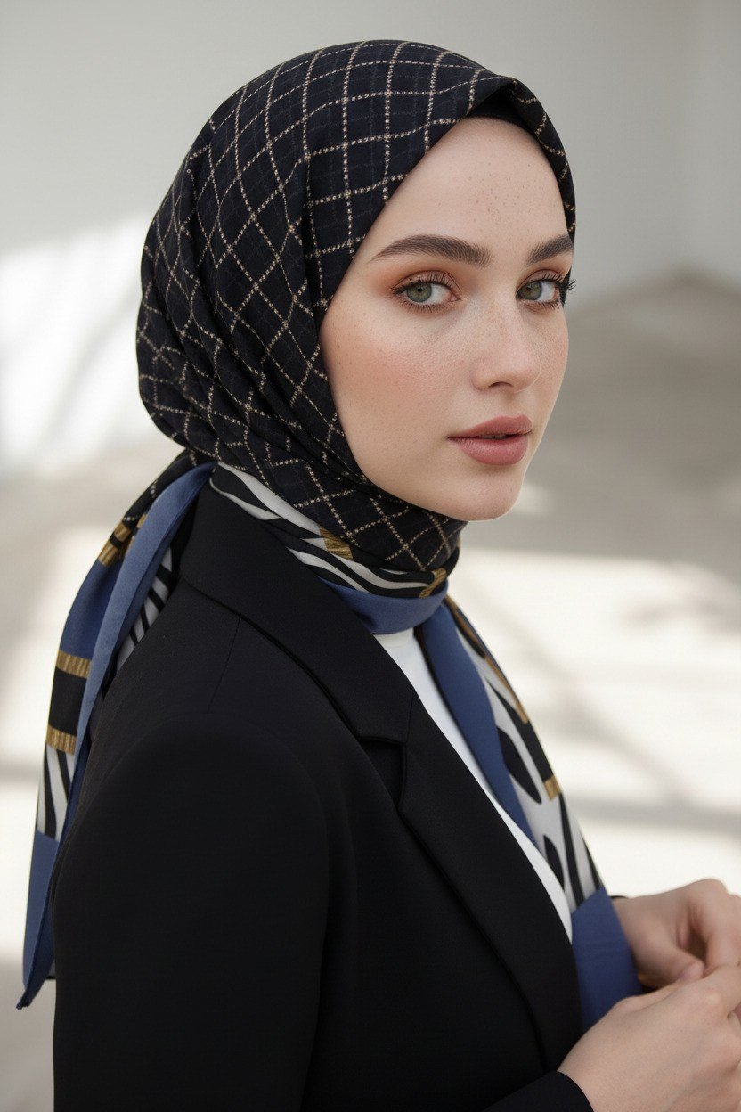 KREP ZEBRALI BAKLAVA DESENLİ İNDİGO RENKLİ 75X195 KIRIŞMAZ ŞAL
