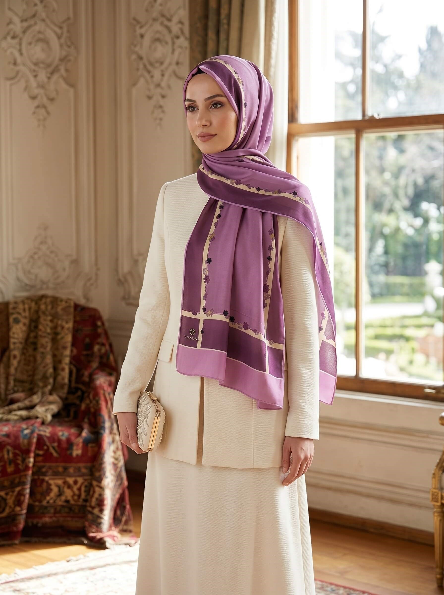 %100 Saf İpek Şal İnce Saten Vual Dokuma Çiçek Desenli Pembe Renkli 90x210 Şal