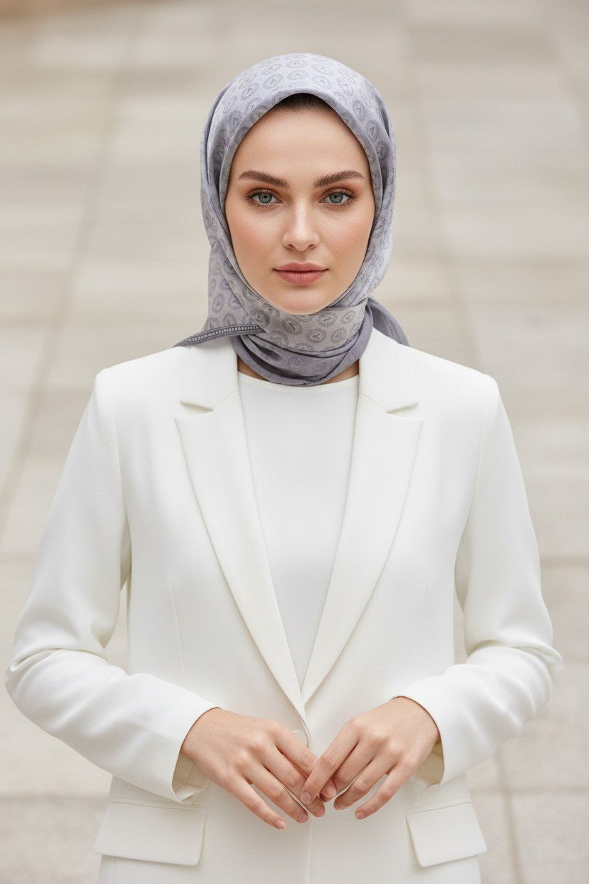 % 57 İPEK % 43 VİSKON Twill İpek Monogram Desenli Gümüş Renkli 90x90 Eşarp Dikim Şekli : El Dikişi
