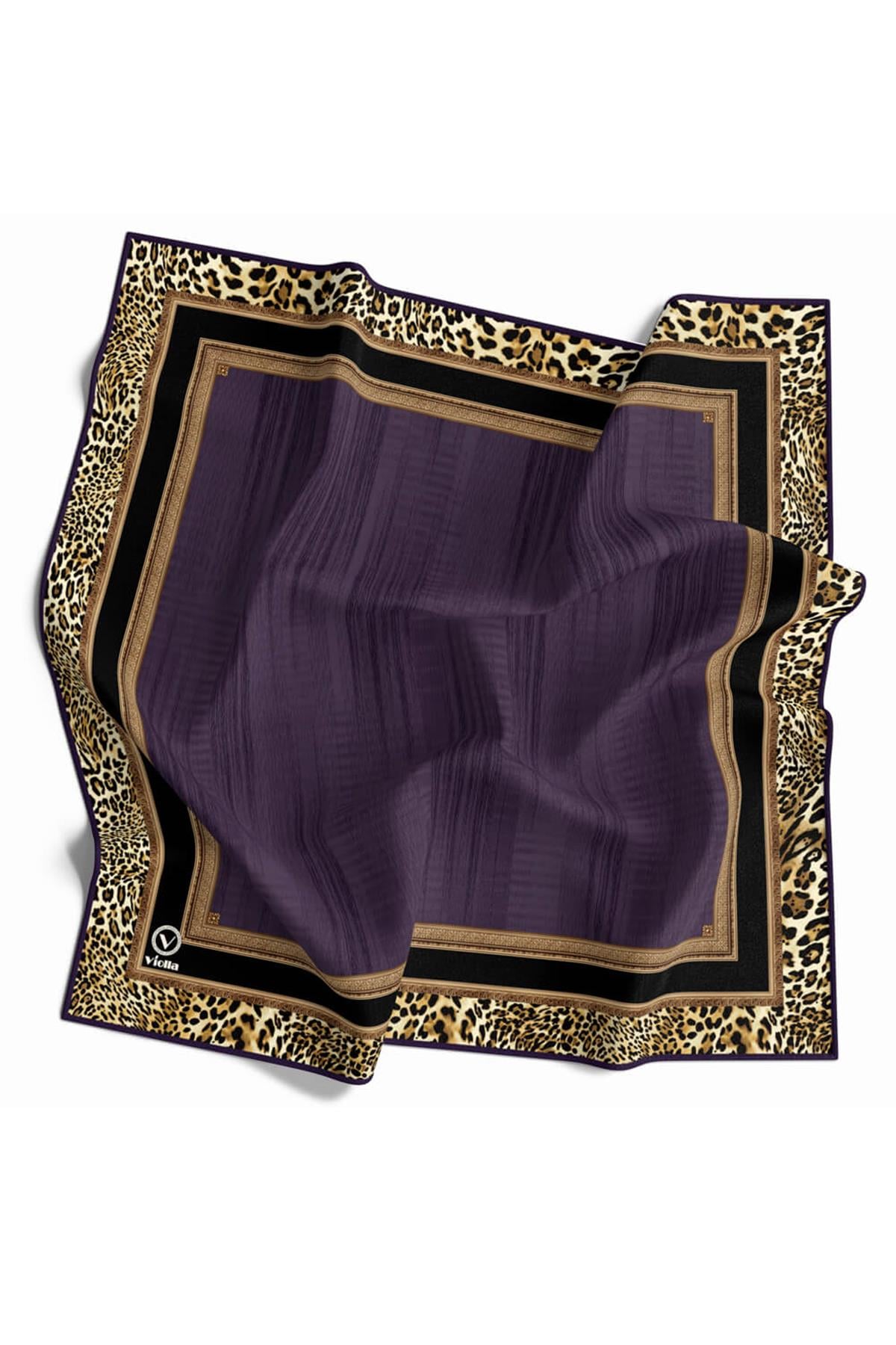Soft Leopar Bordür Desenli Mor Renkli 90x90 Eşarp (İpek İçermez) Kenar Dikiş Şekli El Dikişli