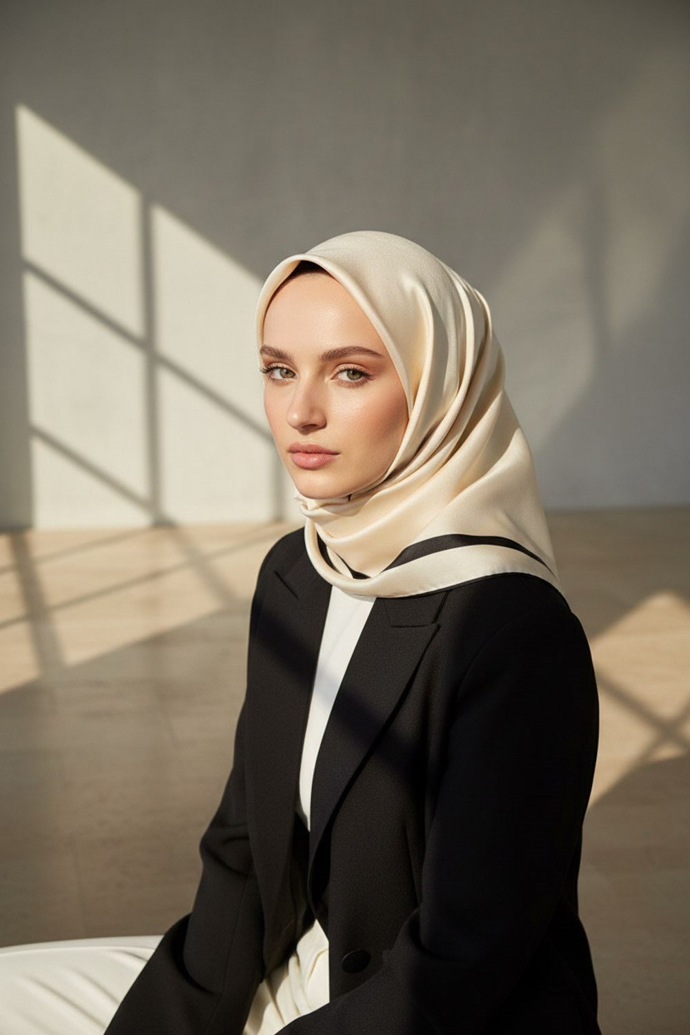 100% Twill İpek Düz Renk Bordür Desenli Krem - Siyah Renkli Daha Tok Exclusive Serisi 90x90 Dikim Şekli : El Dikişi Eşarp