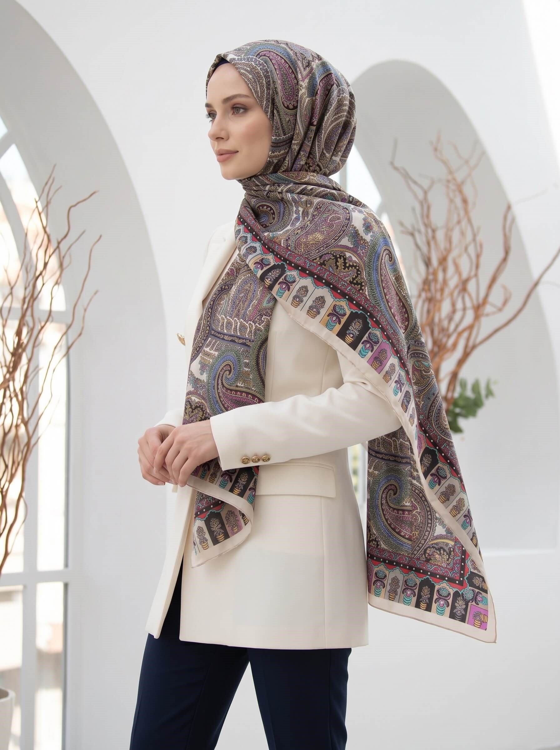 %100 Saf İpek Şal İnce Saten Vual Dokuma Etro Desenli Bej - Saks Renkli 90x210 Şal