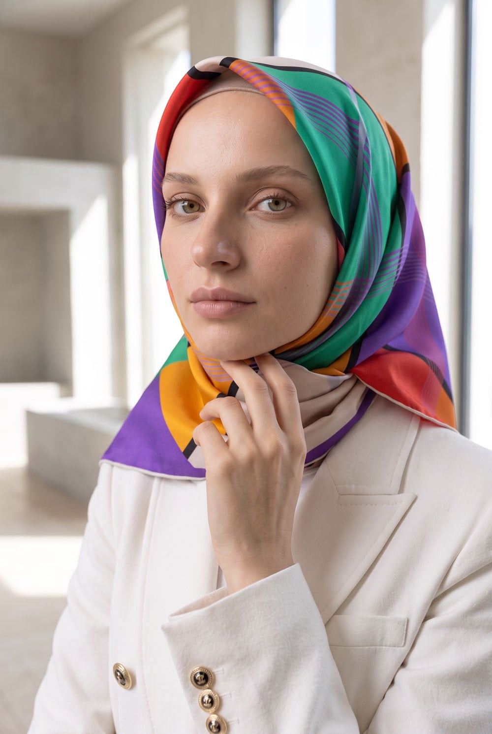 %100 Twill İpek Geometrik Desenli Mor - Kırmızı Renkli 90x90 Eşarp Dikim Şekli : El Dikişi