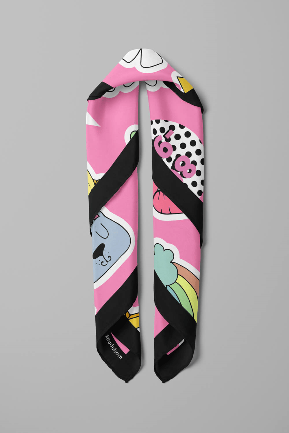 B75 Kadın Seda Desenli Bandana 50x50 Pembe DG0361-22 Snz