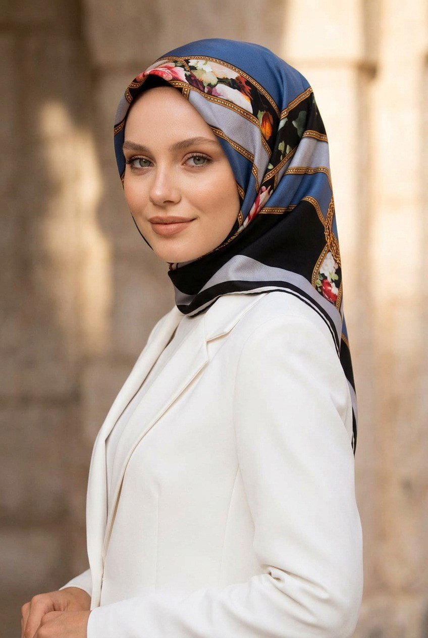 %100 Twill İpek Şeritleri Kemerli Ve Çiçek Desenli İndigo - Gri Renkli 90x90 Eşarp Dikim Şekli : El Dikişi