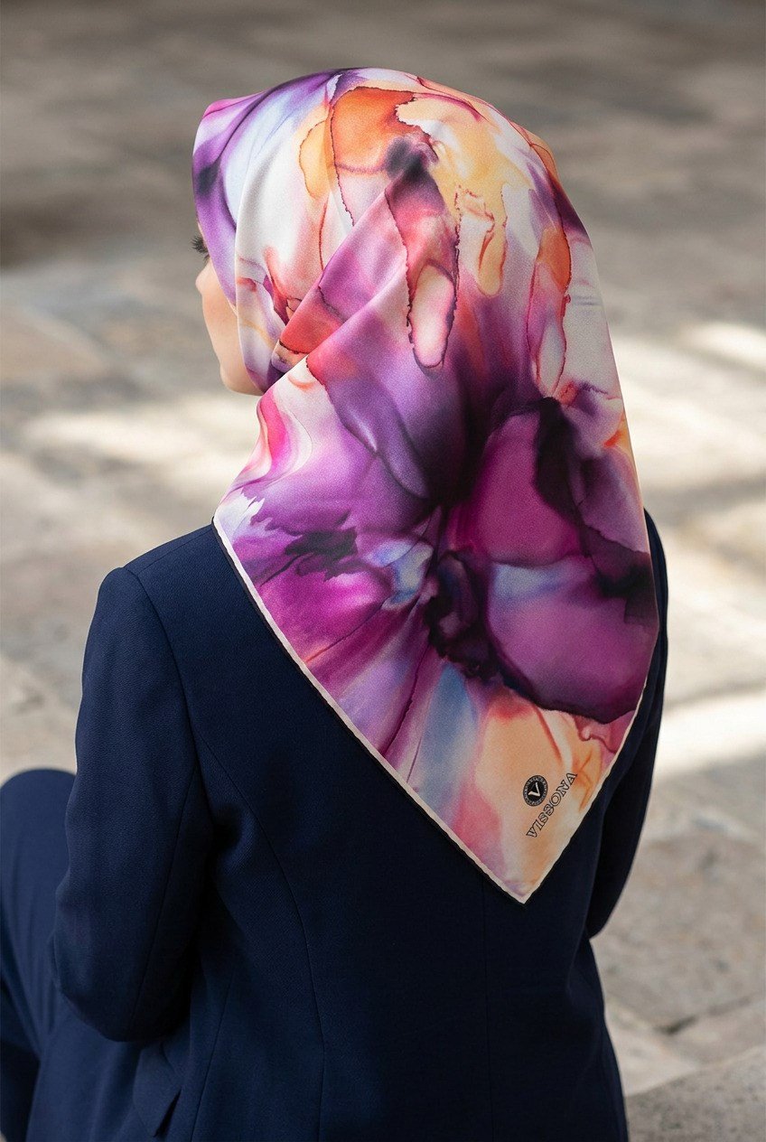 %100 Twill İpek Batik Çiçek Desenli Mürdüm - İndigol Renkli 90x90 Eşarp Kenar Dikiş Şekli El Dikişli
