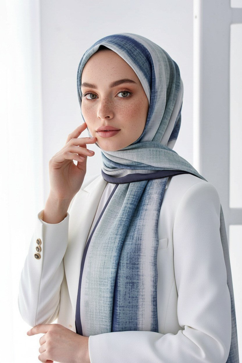 KREP BATİK DESENLİ İNDİGO RENKLİ 75X195 KIRIŞMAZ ŞAL