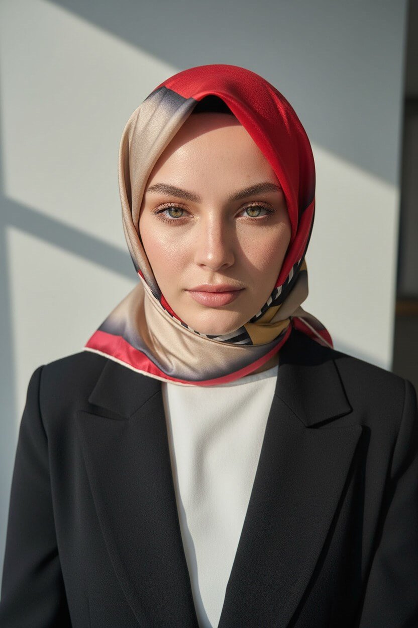 %100 Twill Renk Bloklu Çizgili Desenli Kırmızı - Bej Renkli 90x90 Eşarp Dikim Şekli: El Dikişii