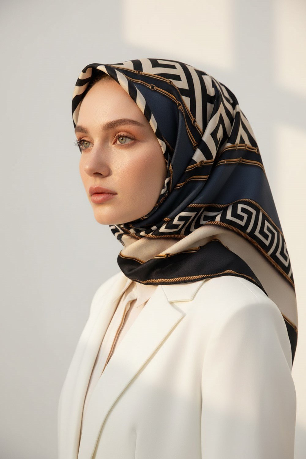 % 57 İPEK % 43 VİSKON Twill İpek Labirent Ve Geometrik Desenli Lacivert - İndigo Renkli 90x90 Eşarp Dikim Şekli : El Dikişi