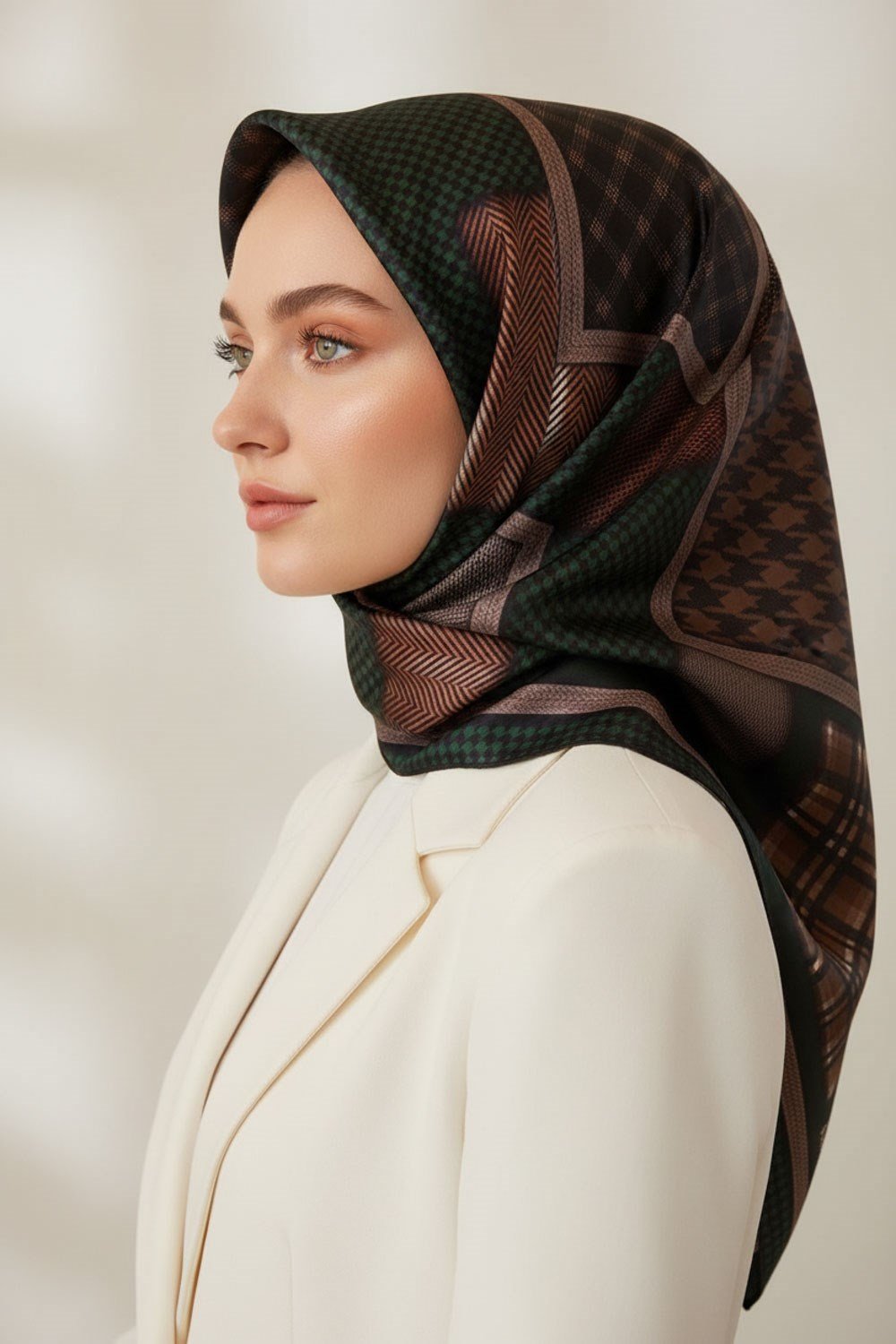 %100 Twill İpek Kazakayaklı Ve Ekose Desenli Zümrüt Yeşili - Siyah Renkli 90x90 Eşarp Dikim Şekli : El Dikişi