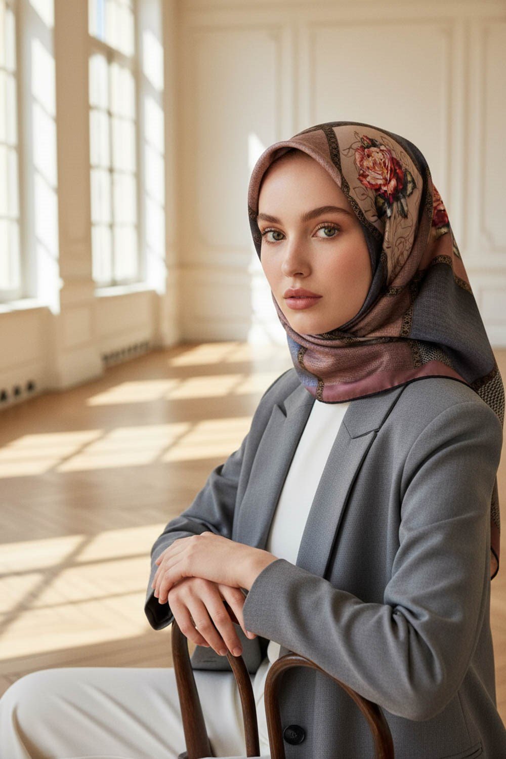 %100 Twill İpek Dokulu Çiçekli Ve Geometrik Desenli Pudra - Gri Renkli 90x90 Eşarp Dikim Şekli : El Dikişi