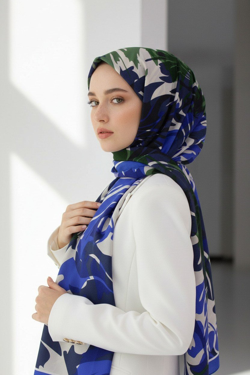 KREP GEOMETRİK DESENLİ SAKS RENKLİ 75X195 KIRIŞMAZ ŞAL