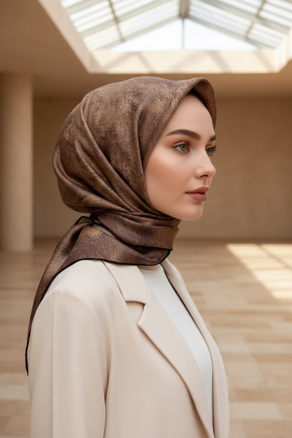 %100 Twill İpek Doku Desenli Vizon Renkli 90x90 Eşarp Dikim Şekli : El Dikişi