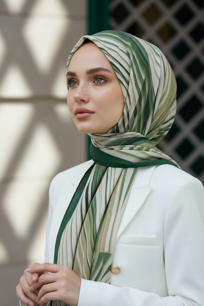 KREP ÇİZGİLİ DESENLİ ZÜMRÜT YEŞİLİ RENKLİ 75X195 KIRIŞMAZ ŞAL
