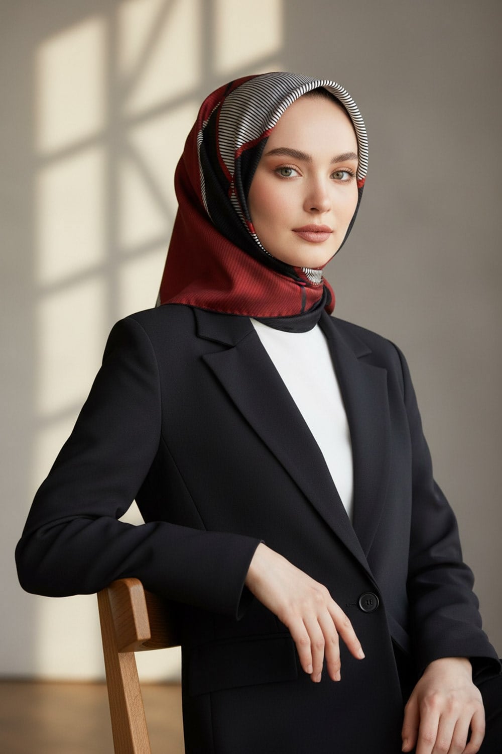 %100 Twill İpek Geometrik Desenli Bordo Renkli 90x90 Eşarp Dikim Şekli : El Dikişi