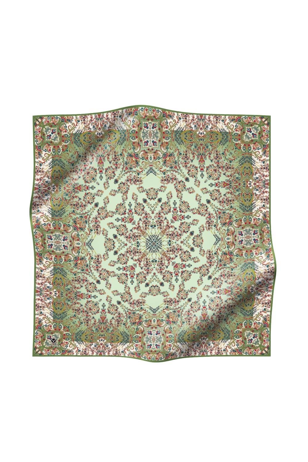 %100 Twill İpek Şal Desenli Haki Renkli 90x90 Eşarp Dikim Şekli : El Dikişi