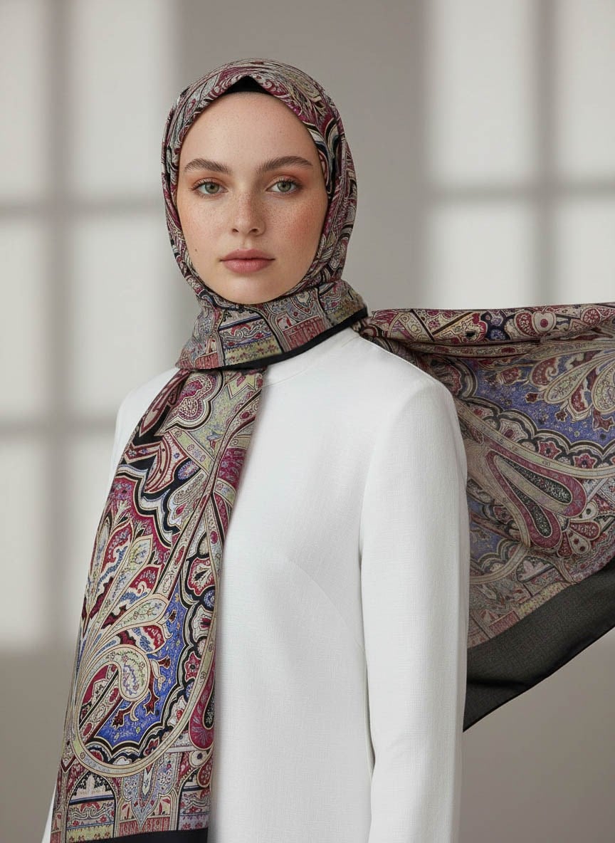 %100 Saf İpek Şal İnce Saten Vual Dokuma Etnik Desenli Siyah Renkli 90x210 Şal