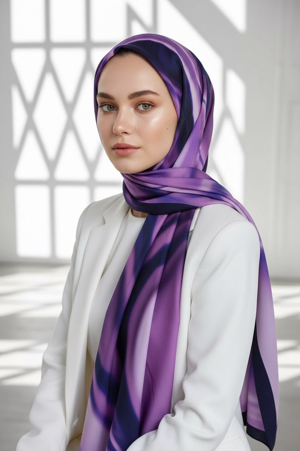 KREP DALGA DESENLİ LİLA - LACİVERT RENKLİ 75X195 KIRIŞMAZ EŞARP