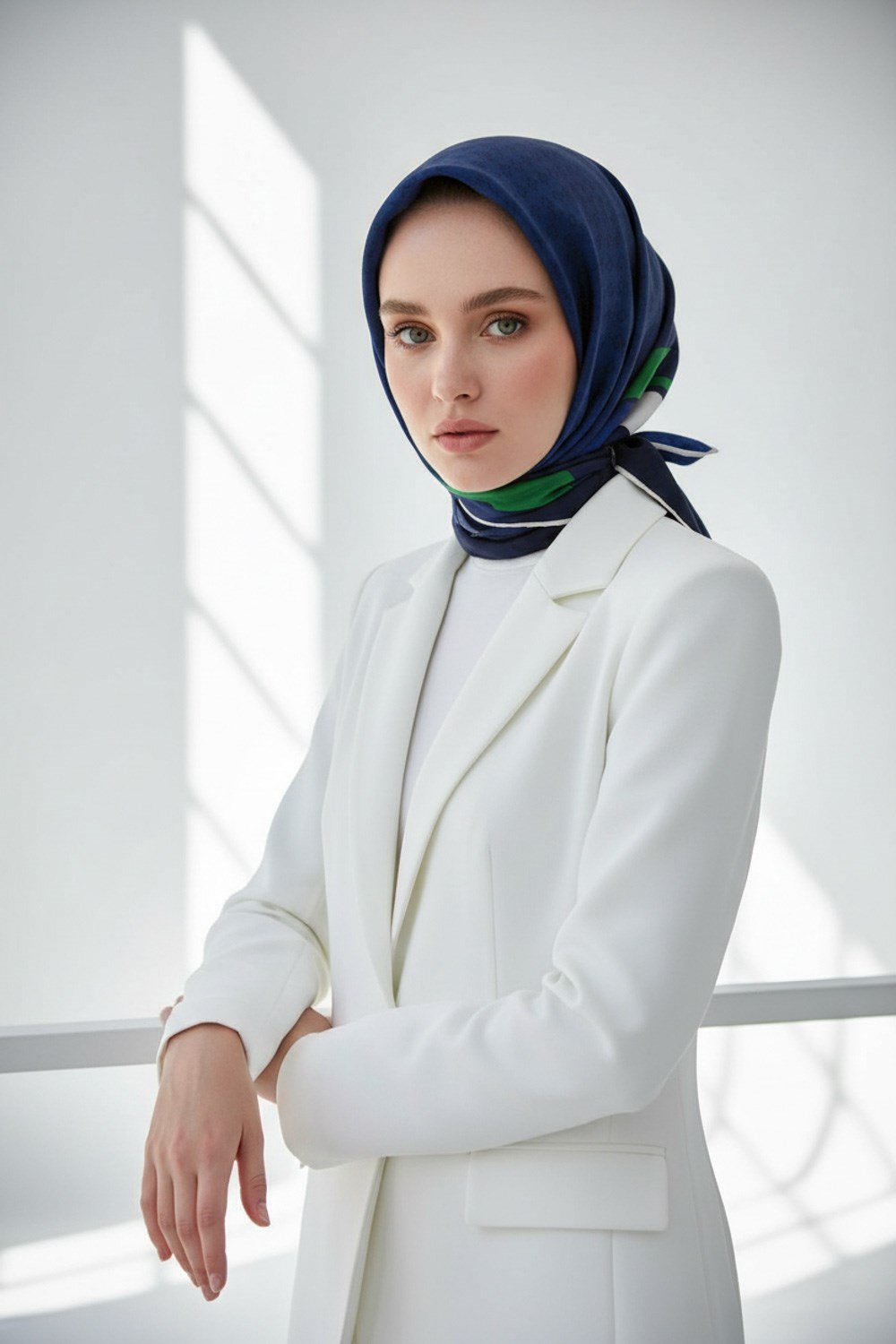 %100 Twill İpek Degrade Desenli Lacivert - Zümrüt Yeşili Renkli 90x90 Eşarp Dikim Şekli : El Dikişi