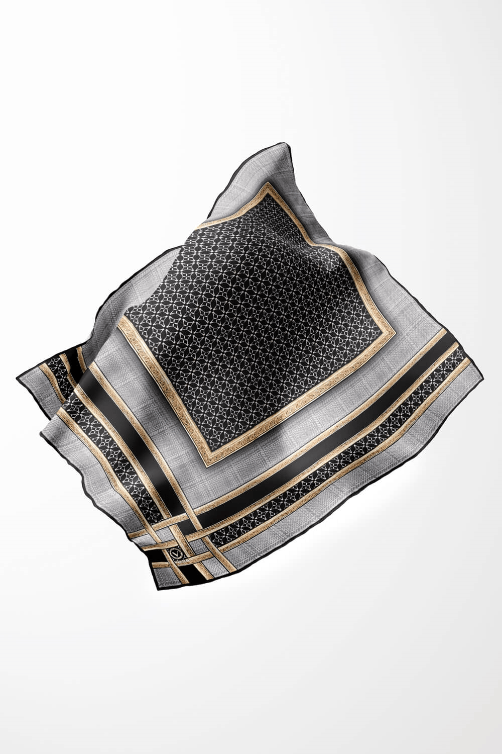 Twill Gold Bordürlü Geometrik Desenli Gri Renkli 90x90 Eşarp (İpek İçermez) Kenar Dikiş Şekli El Dikişli