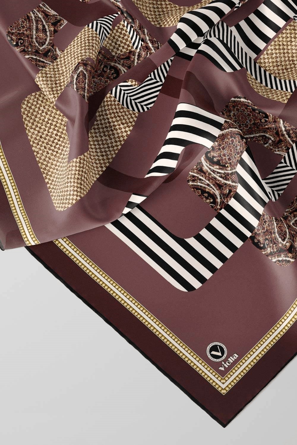 Twill Geometrik Desenli Gül Kurusu Renkli 90x90 Eşarp (İpek İçermez) Kenar Dikiş Şekli El Dikişli