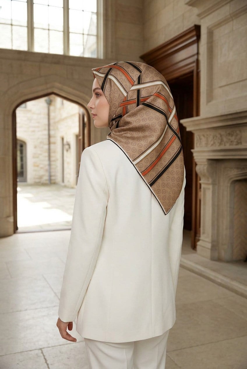 %100 Twill İpek Gold Şeritli Monogram Desenli Bej - Taba Renkli 90x90 Eşarp Dikim Şekli : El Dikişi