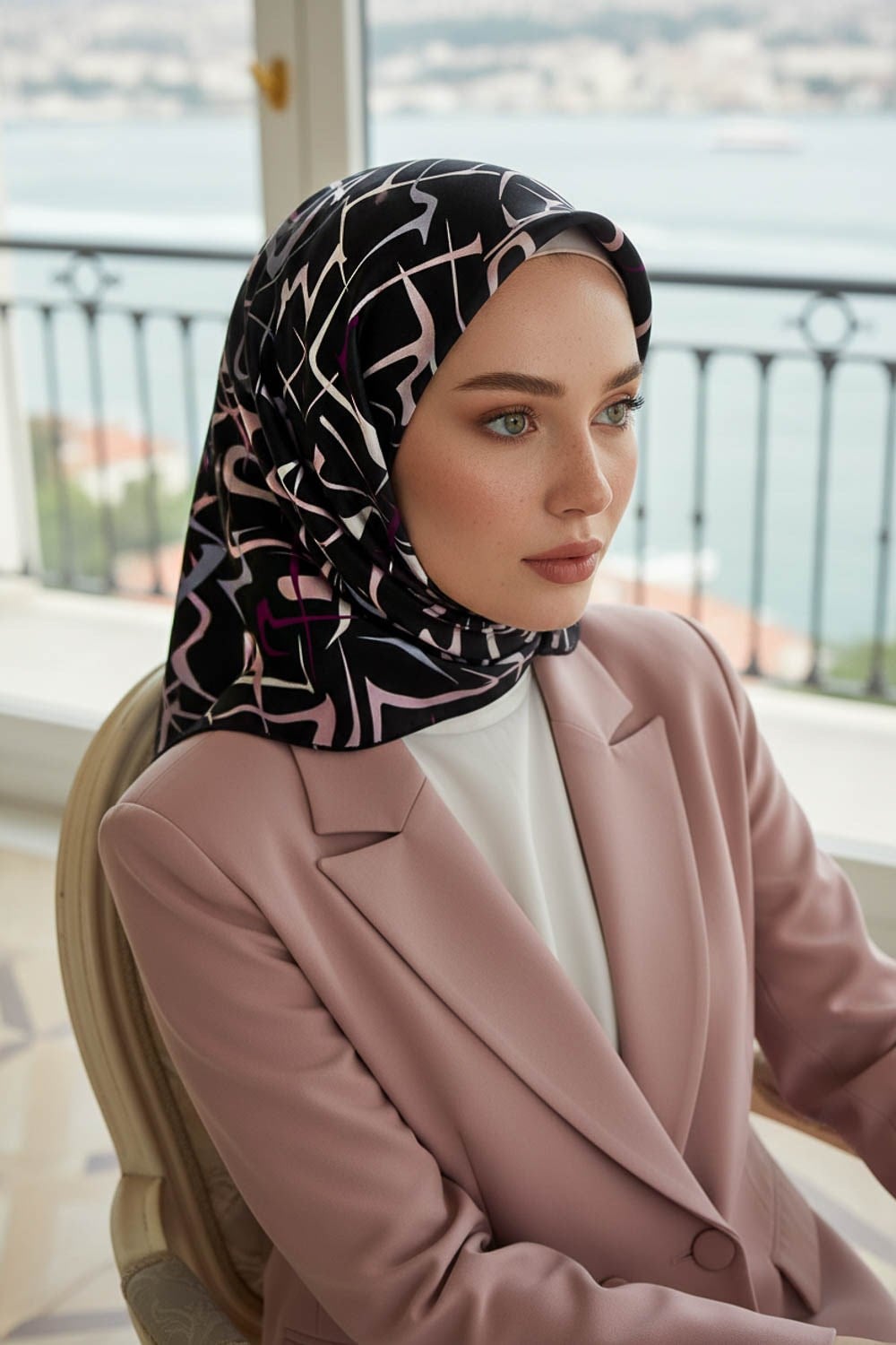%100 Twill İpek Soyut Geometrik Desenli Mürdüm - Pudra Renkli 90x90 Eşarp Dikim Şekli : El Dikişi