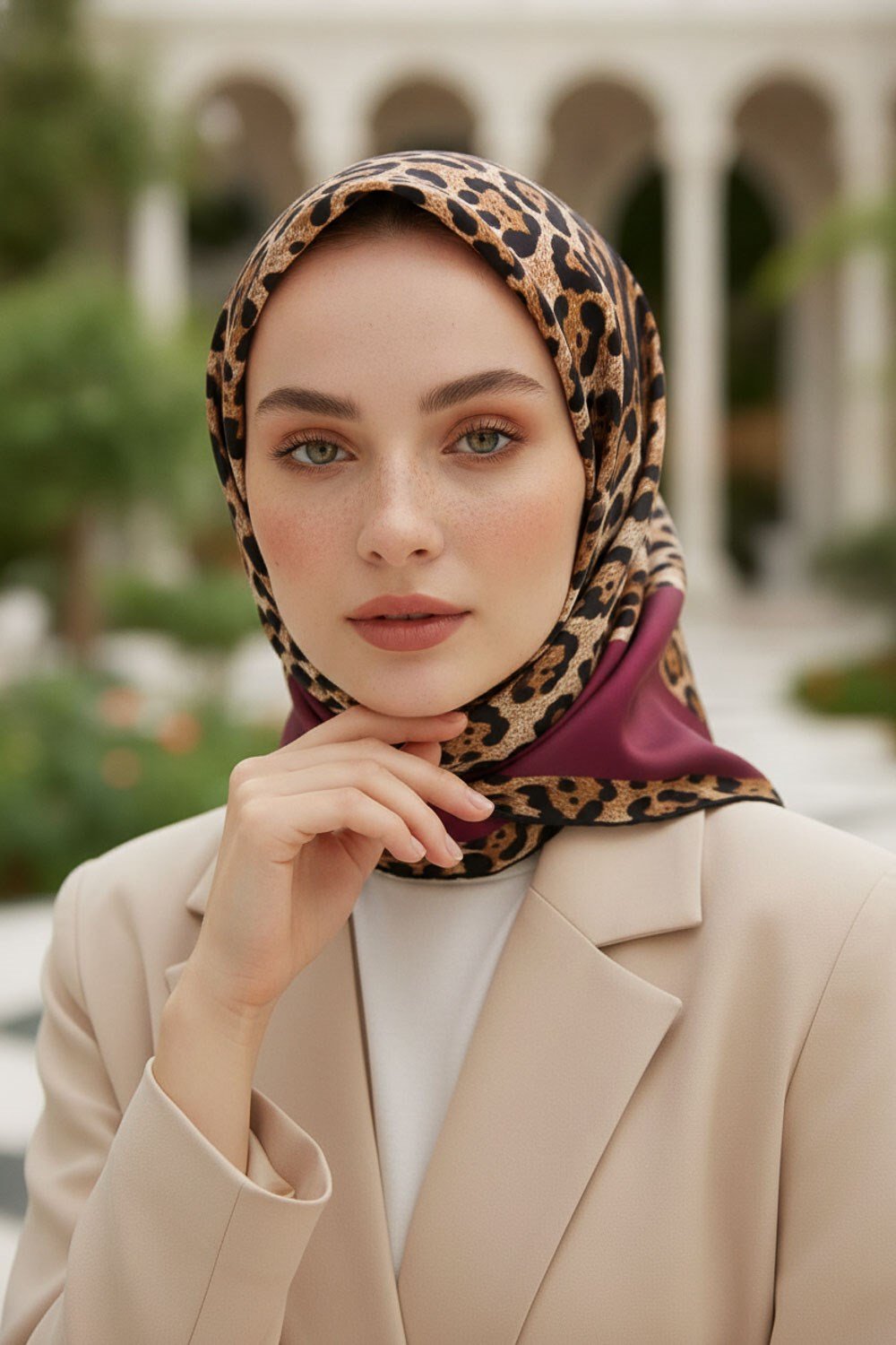 %100 Twill İpek Leopar Desenli Bordo Renkli 90x90 Eşarp Dikim Şekli : El Dikişi