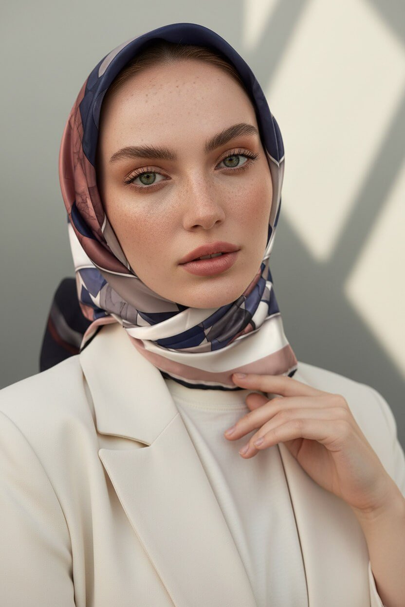 Rayon Geometrik Mermer Desenli Pudra Renkli 90x90 Eşarp (İpek İçermez) Kenar Dikiş Şekli El Dikişli