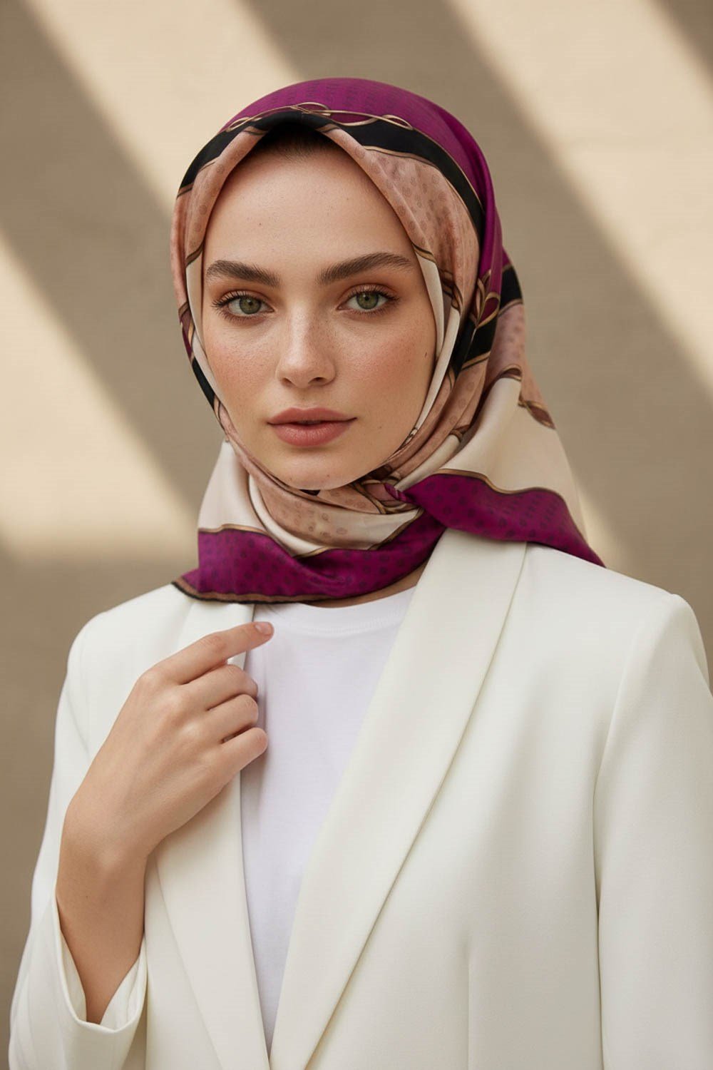 %100 Twill İpek Puantiyeli ve Geometrik Desenli Mürdüm - Krem Renkli 90x90 Eşarp Dikim Şekli : El Dikişi
