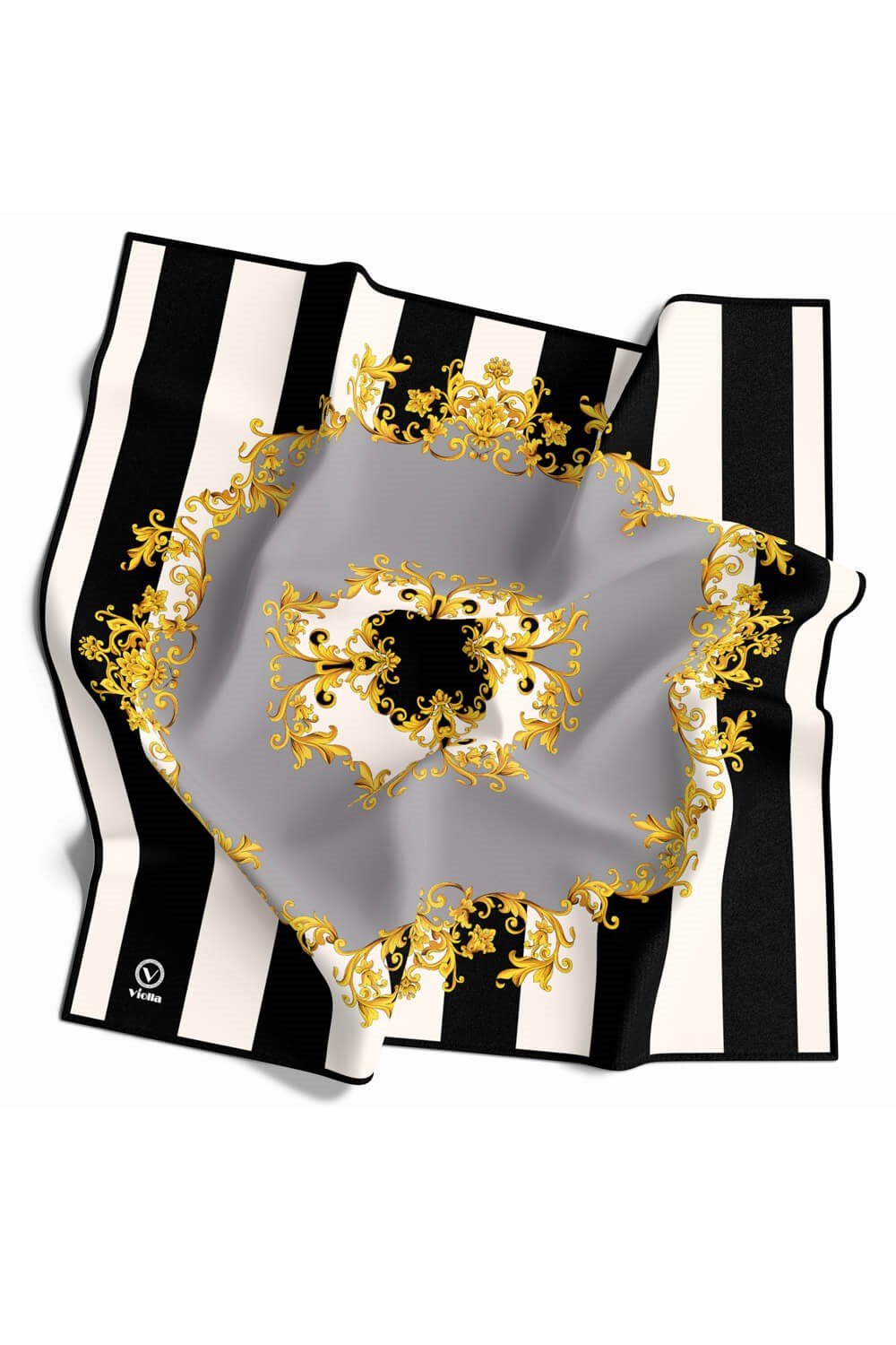 Twill Çizgili Barok Desenli Gümüş Renkli 90x90 Eşarp (İpek İçermez) Kenar Dikiş Şekli El Dikişli