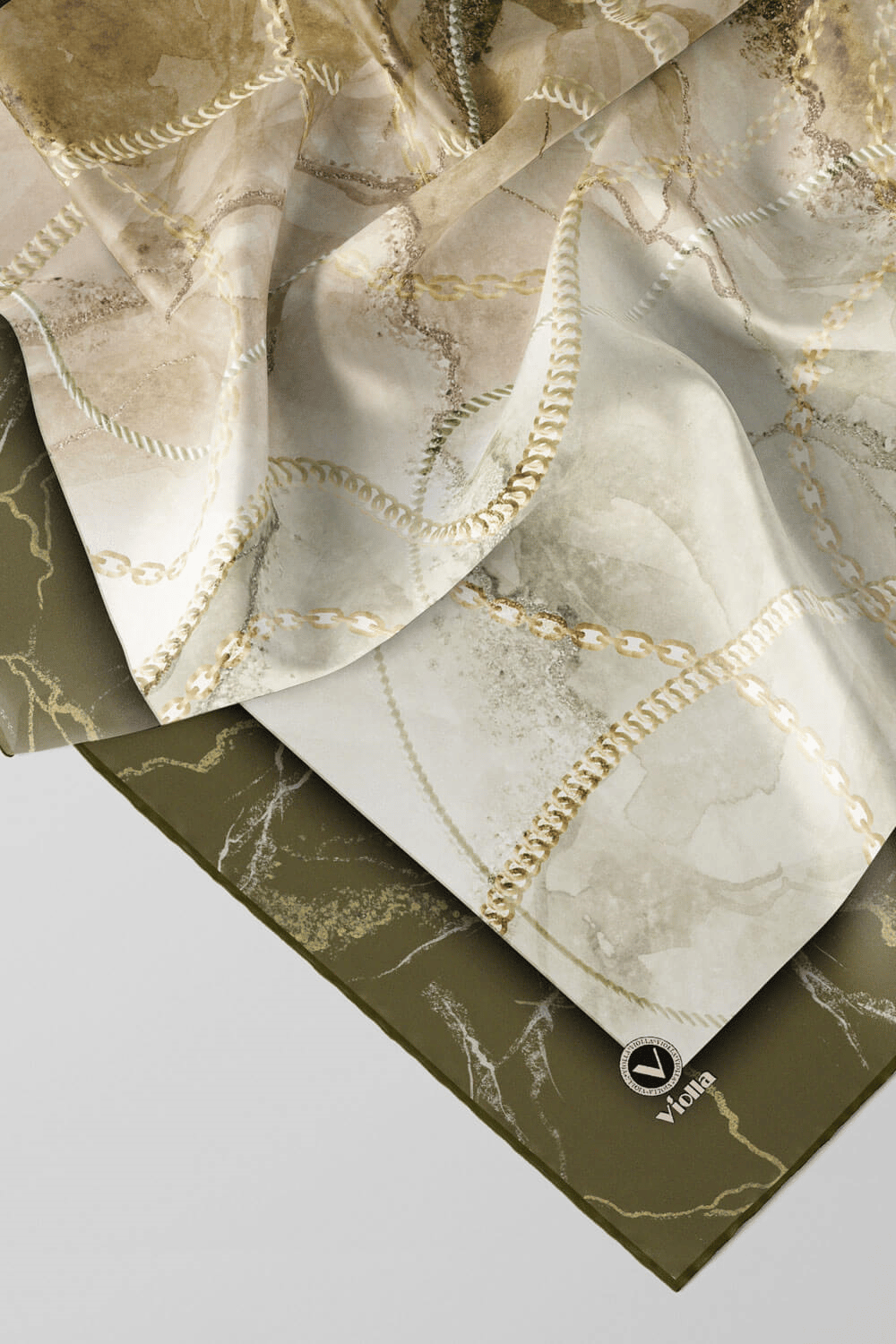 Twill Mermer ve Zincir Desenli Haki Renkli 90x90 Eşarp (İpek İçermez) Kenar Dikiş Şekli El Dikişli