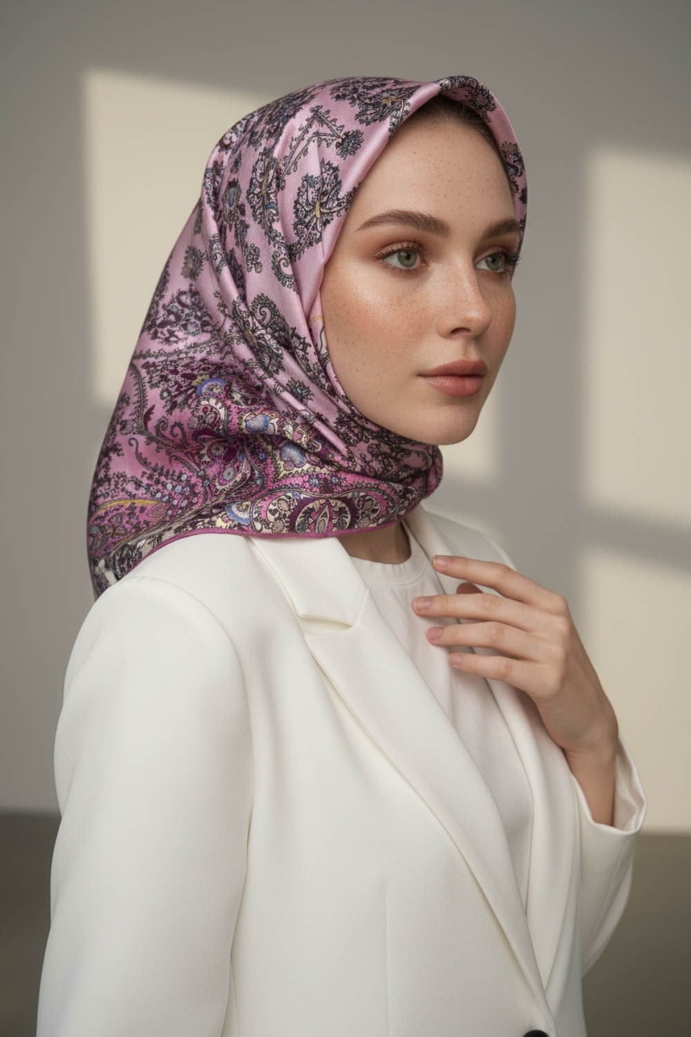 %100 Twill İpek Şal Desenli Pembe Renkli 90x90 Eşarp Dikim Şekli : El Dikişi