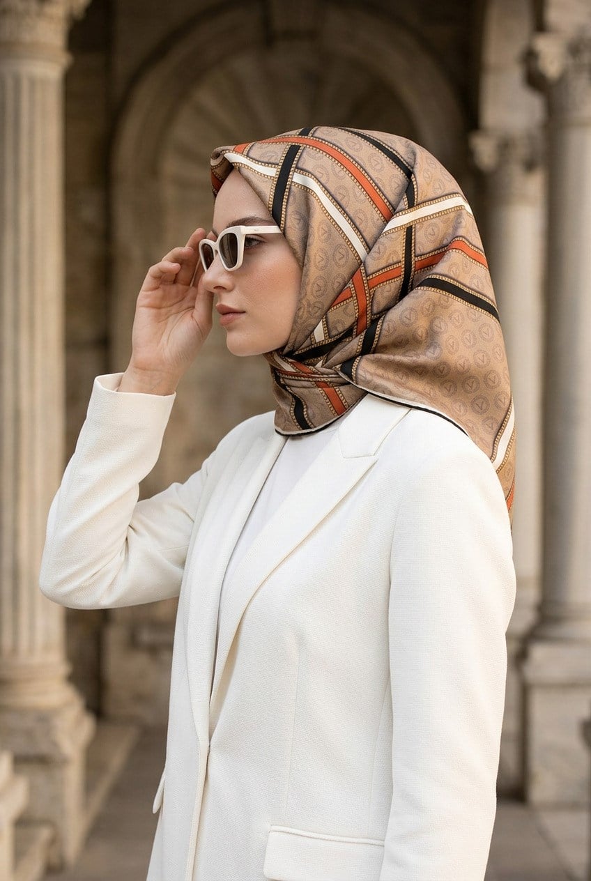 %100 Twill İpek Gold Şeritli Monogram Desenli Bej - Taba Renkli 90x90 Eşarp Dikim Şekli : El Dikişi