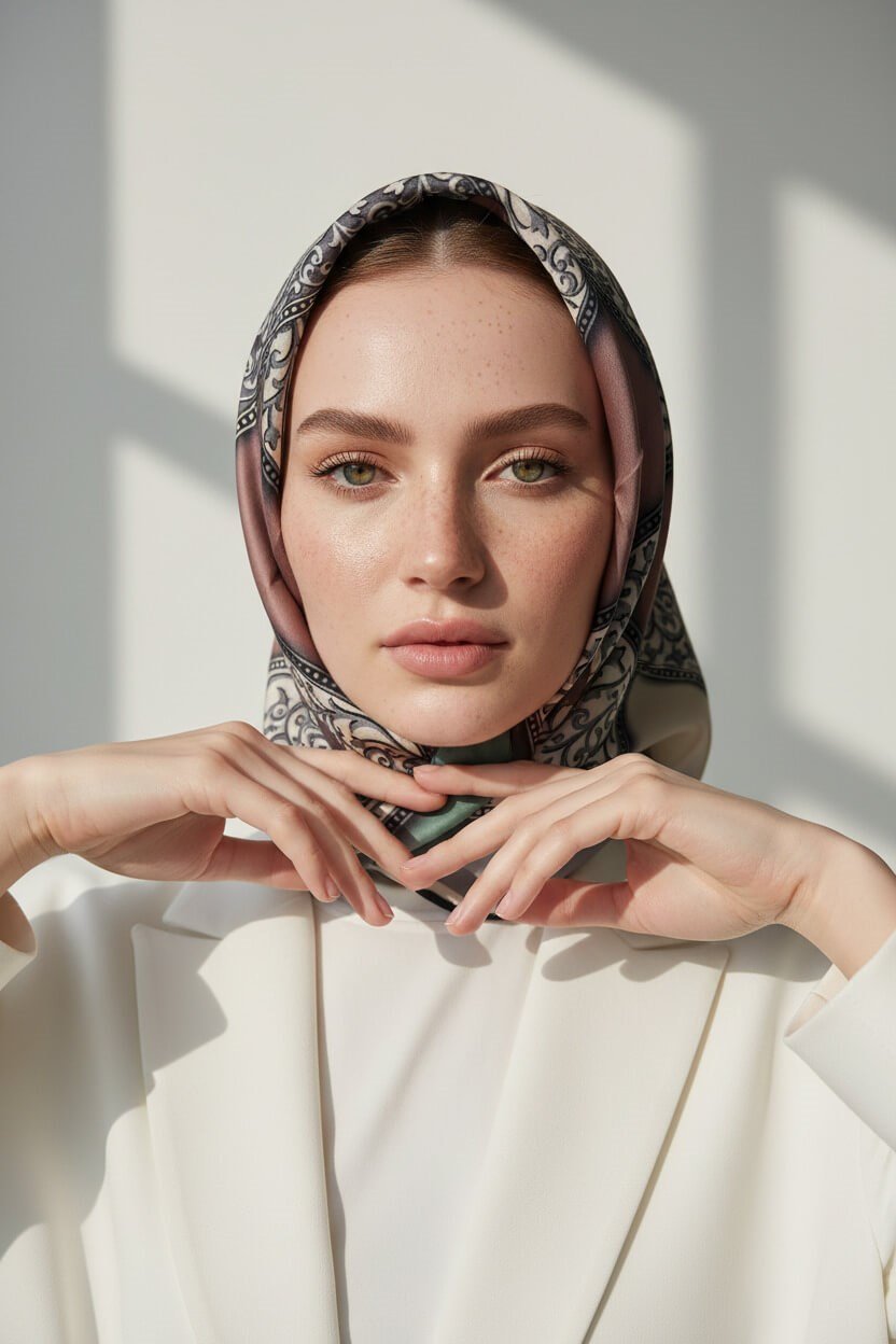 %100 Twill İpek Geometrik Desenli Gri - Pudra Renkli 90x90 Eşarp Dikim Şekli : El Dikişi