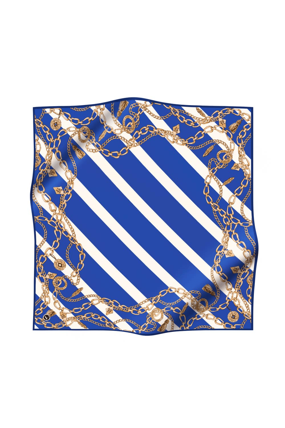 Twill Çizgili Zincir Desenli Saks Renkli 90x90 Eşarp (İpek İçermez) Kenar Dikiş Şekli El Dikişli