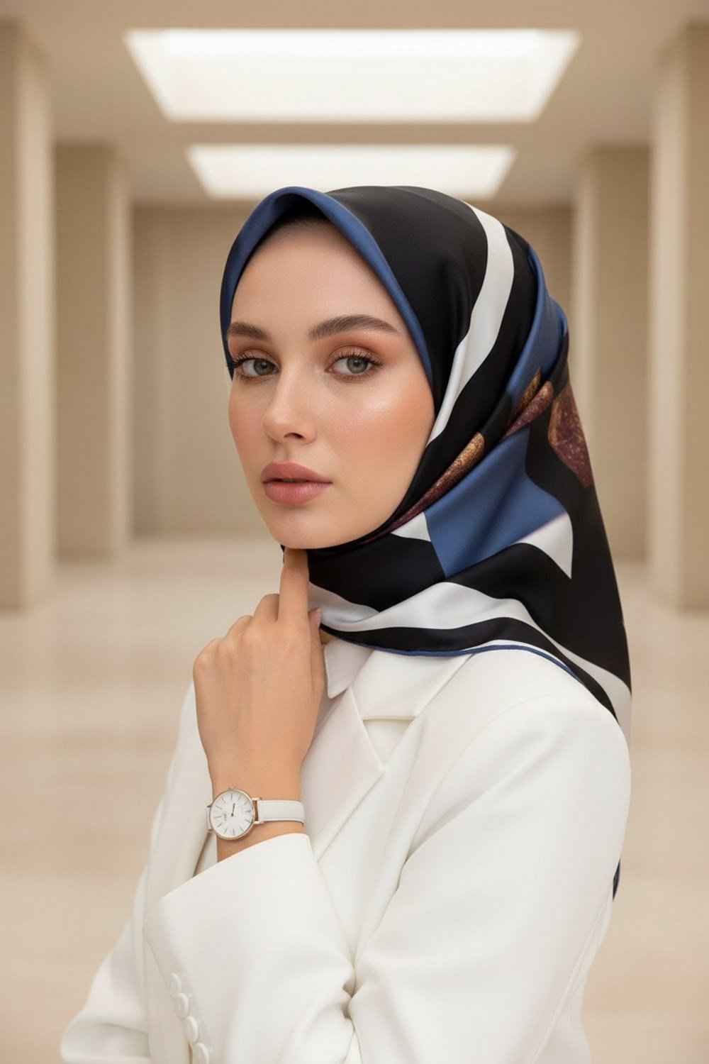 %100 Twill İpek Karo Desenli İndigo - Siyah Renkli 90x90 Eşarp Dikim Şekli : El Dikişi