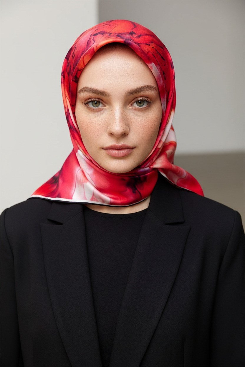 %100 Twill İpek Batik Çiçek Desenli Kırmızı - Lacivert Renkli 90x90 Eşarp Kenar Dikiş Şekli El Dikişli