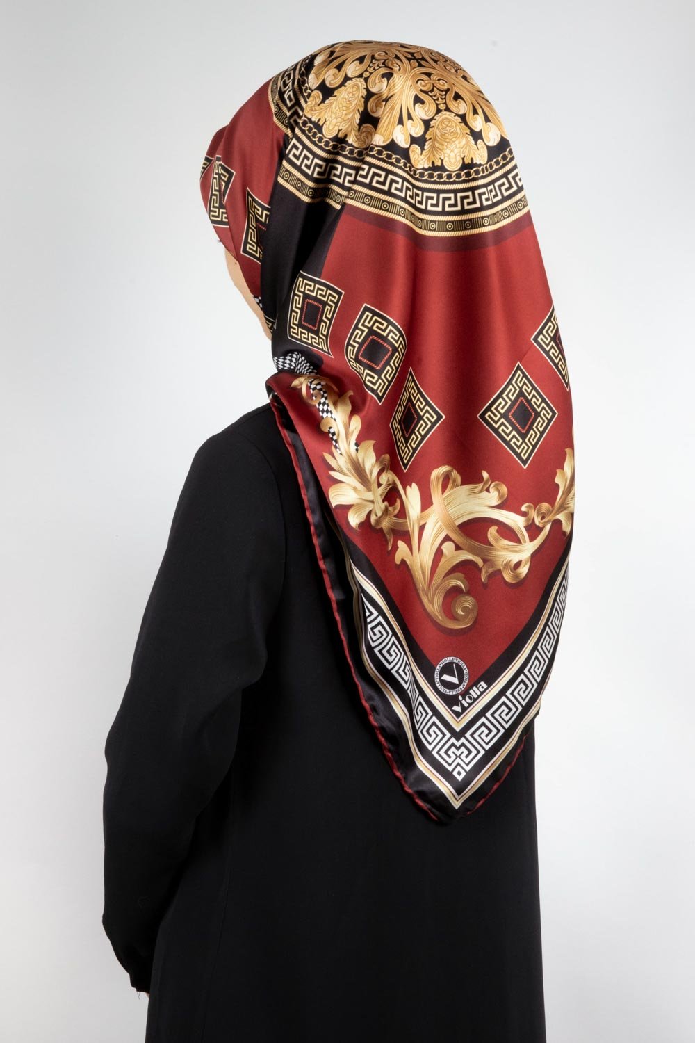 Twill Barok Desenli Bordo Renkli 90x90 Eşarp (İpek İçermez) Kenar Dikiş Şekli El Dikişli