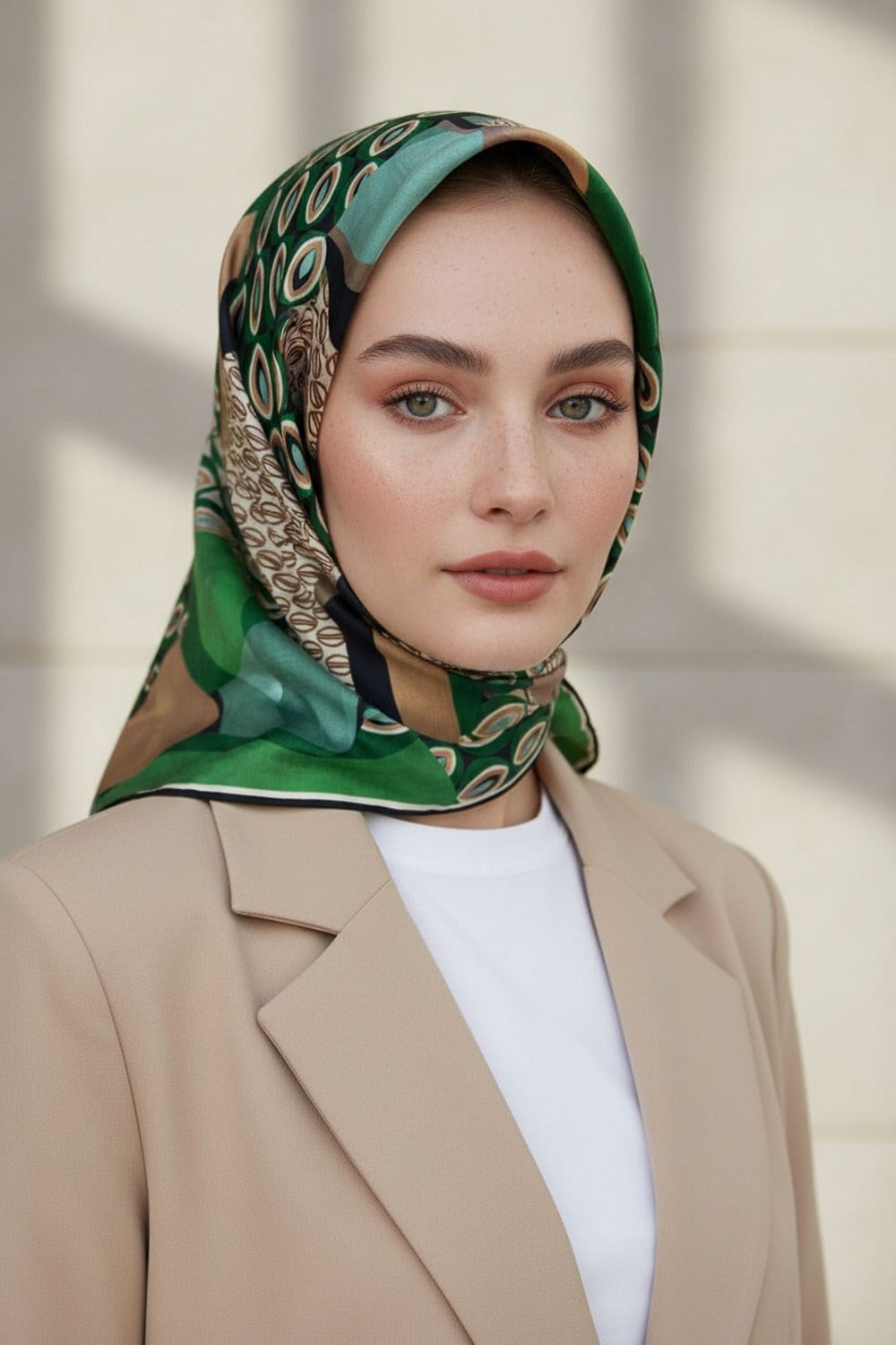 %100 Twill İpek Geometrik Desenli Zümrüt Yeşili - Bej Renkli 90x90 Eşarp Kenar Dikiş Şekli El Dikişli