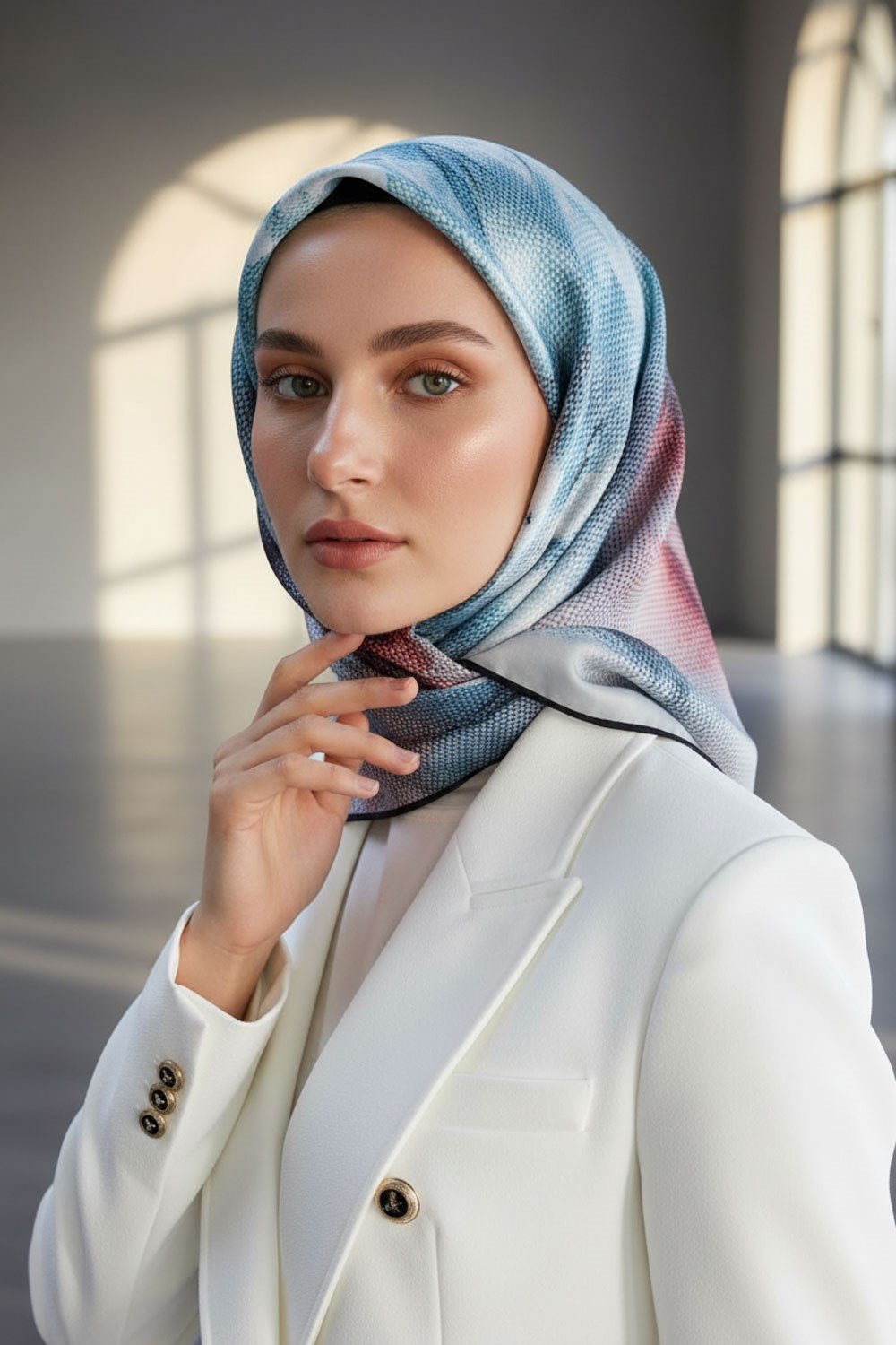 %100 Twill İpek Dokulu Ve Çiçek Desenli Turkuaz - Bordo Renkli 90x90 Eşarp Dikim Şekli : El Dikişi