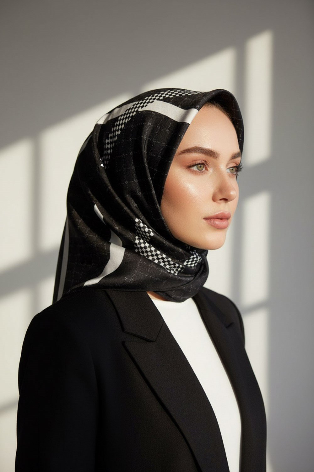 %57 İPEK %43 VİSKON Twill İpek Monogram Ve Şerit Desenli Siyah - Krem Renkli 90x90 Eşarp Dikim Şekli : El Dikişi