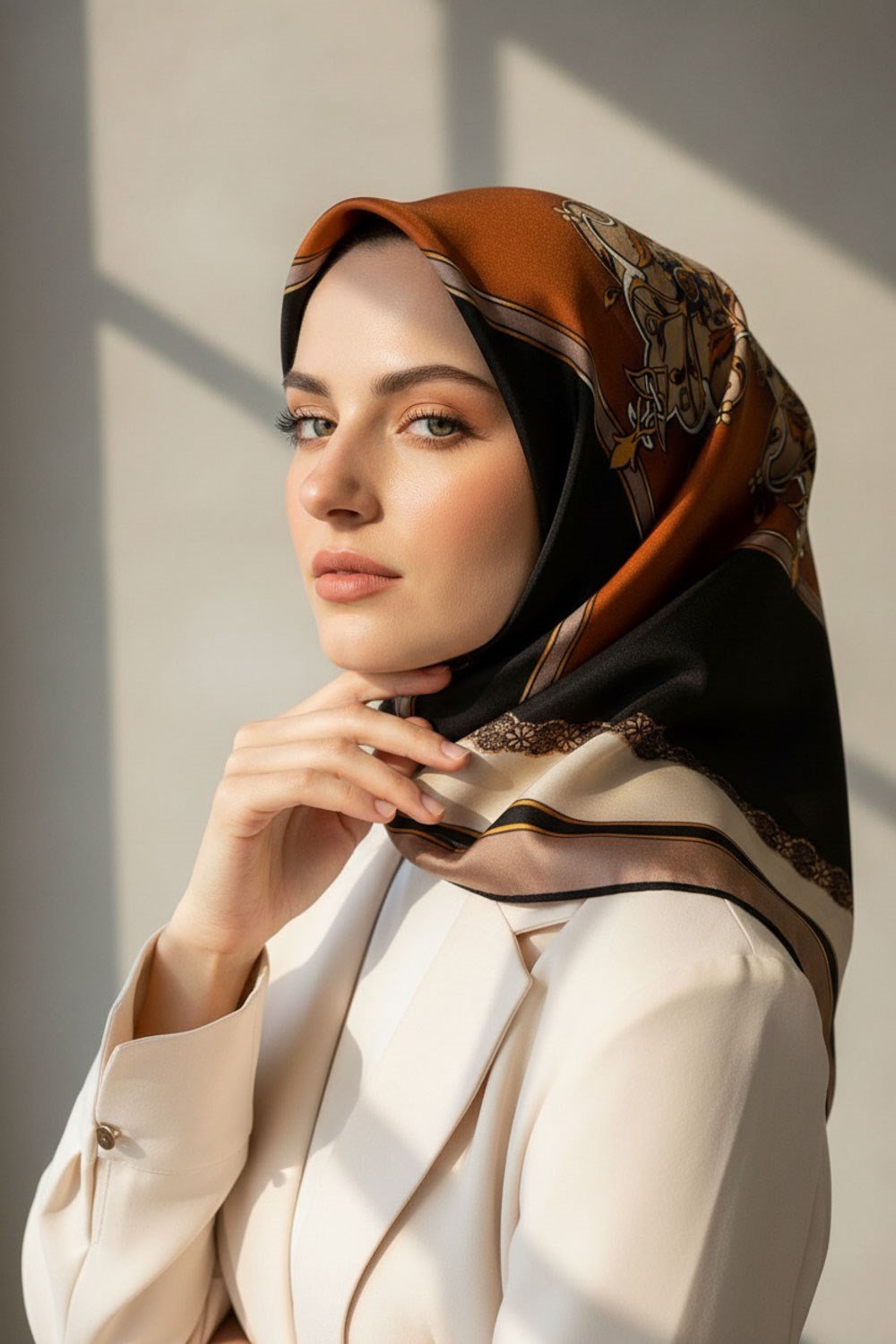 %100 Twill Barok Desenli Taba - Bej Renkli 90x90 Eşarp Dikim Şekli: El Dikişi