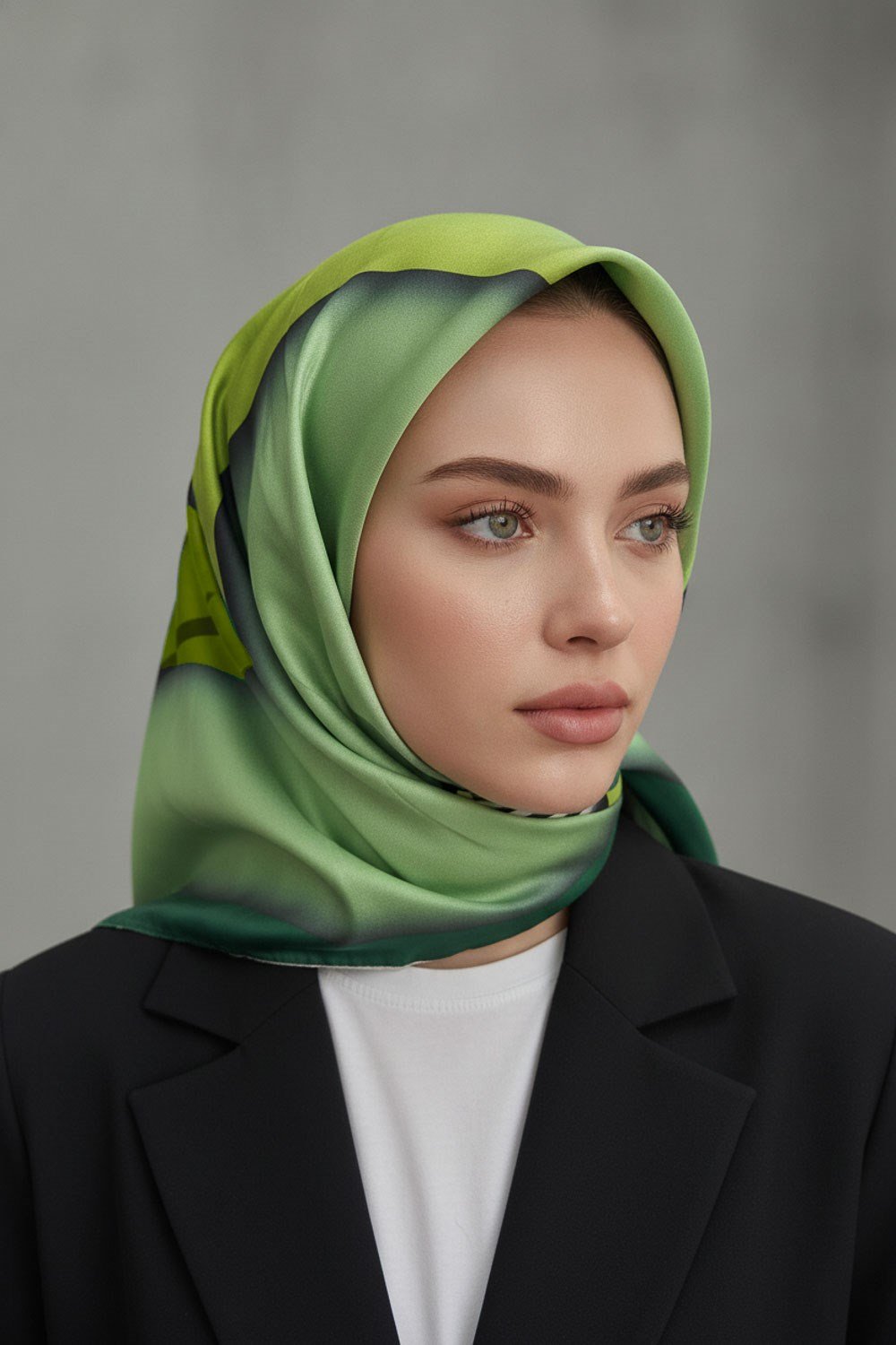 %100 Twill Renk Bloklu Çizgili Desenli Haki Yeşili - Zümrüt Yeşili Renkli 90x90 Eşarp Dikim Şekli: El Dikişii