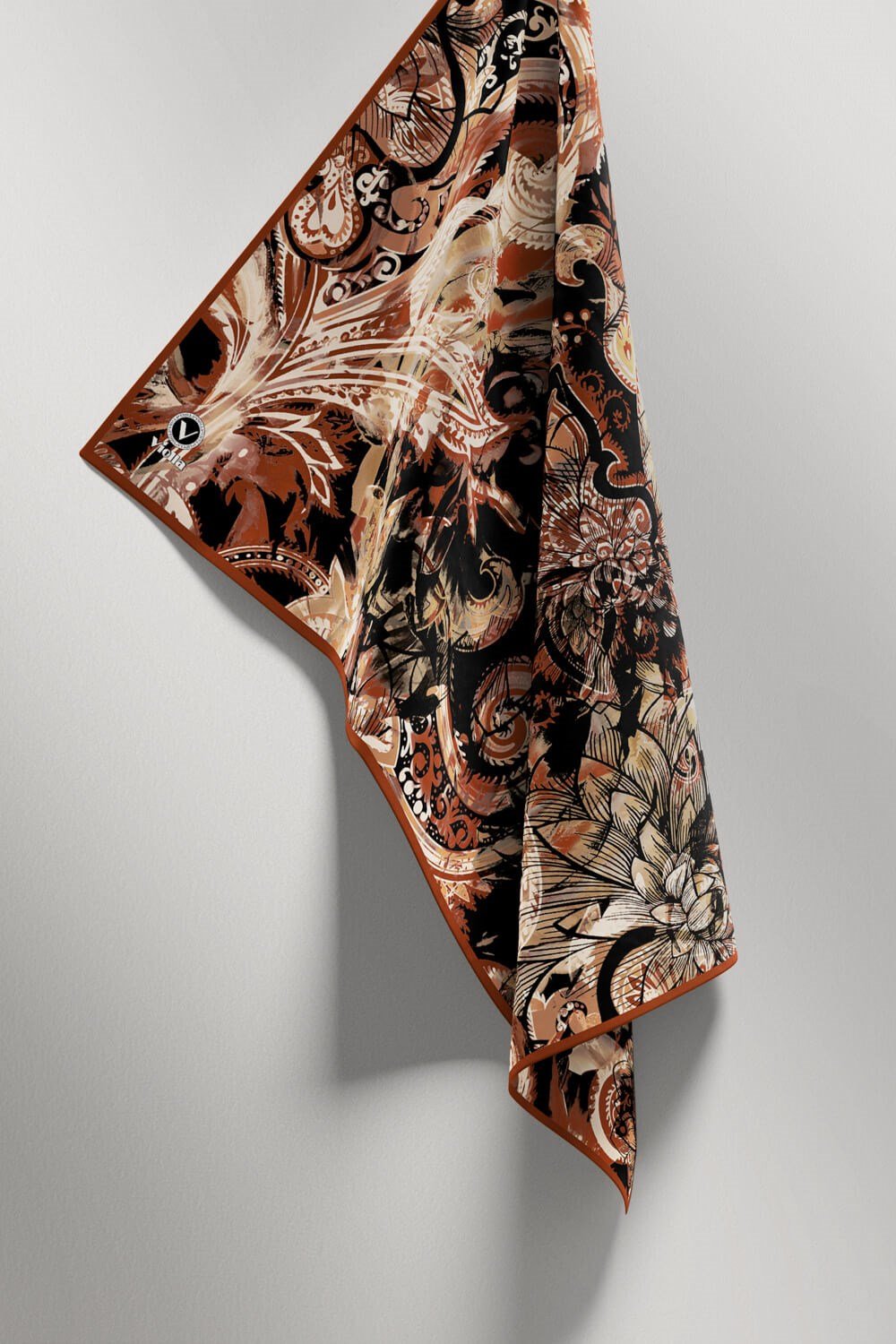 Twill Şal Desenli Taba Renkli 90x90 Eşarp (İpek İçermez) Kenar Dikiş Şekli El Dikişli