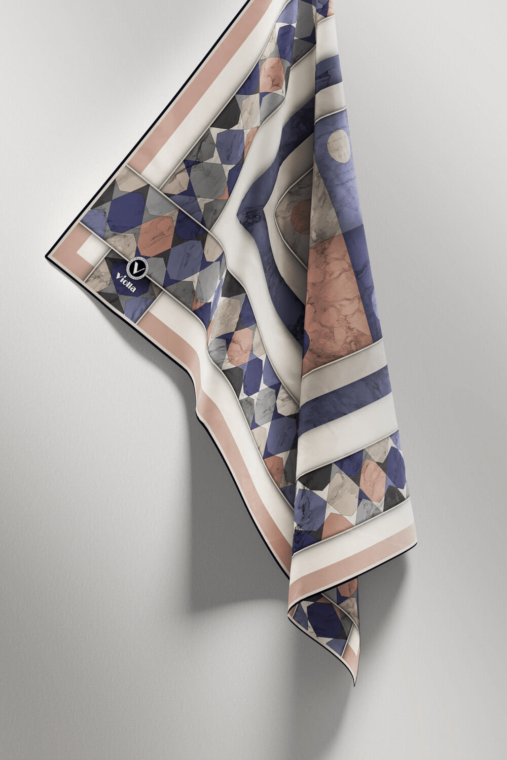 Twill Geometrik Mermer Desenli Pudra Renkli 90x90 Eşarp (İpek İçermez) Kenar Dikiş Şekli El Dikişli