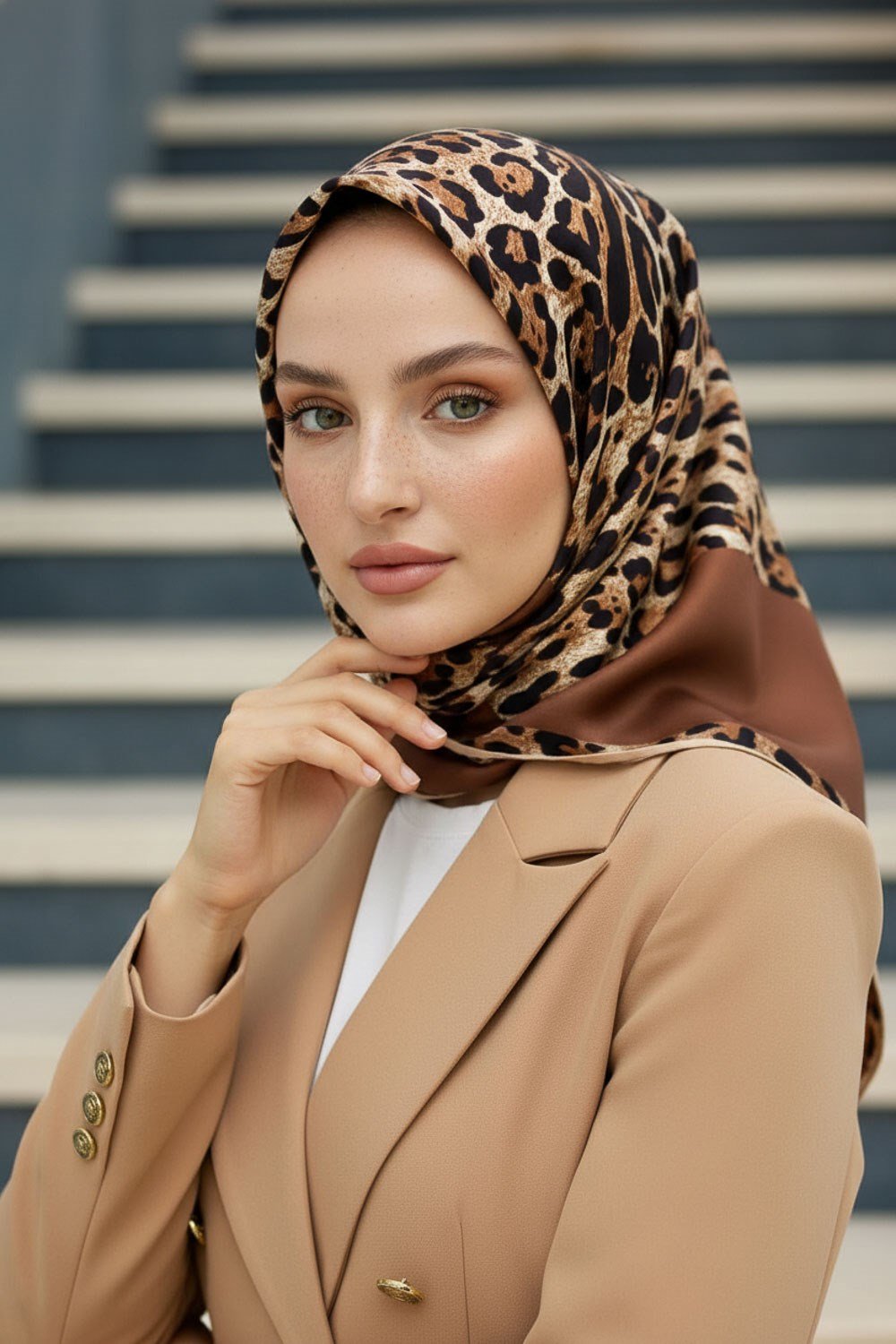 %100 Twill İpek Leopar Desenli Sütlü Kahve Renkli 90x90 Eşarp Dikim Şekli : El Dikişi