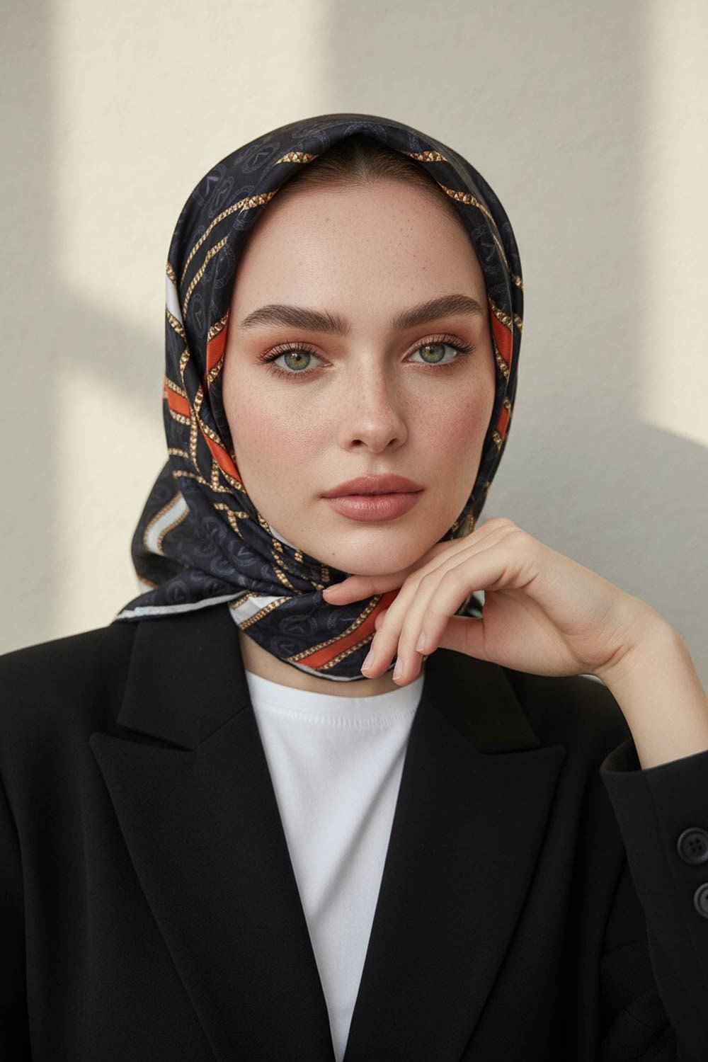 %100 Twill İpek Gold Şeritli Monogram Desenli Siyah - Taba Renkli 90x90 Eşarp Dikim Şekli : El Dikişi