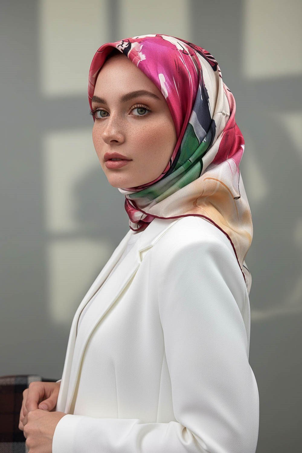 %100 Twill İpek Sulu Boya Çiçek Desenli Kırmızı - Fuşya Renkli 90x90 Eşarp Dikim Şekli : El Dikişi