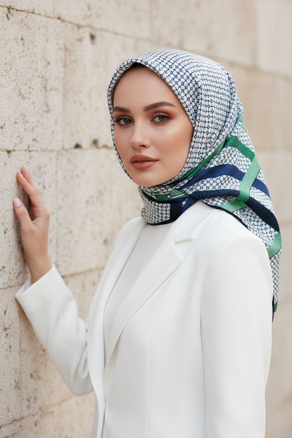 %100 Twill İpek Bantlı Monogram Desenli Zümrüt Yeşili - Lacivert Renkli 90x90 Eşarp Dikim Şekli : El Dikişi